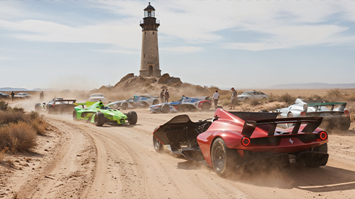 A pack of supercars led by an orange Lamborghini drives past a drifting Ford Mustang and off-roaders heading in the opposite direction, all in Mexico's desert surrounded by cacti and beach trees.